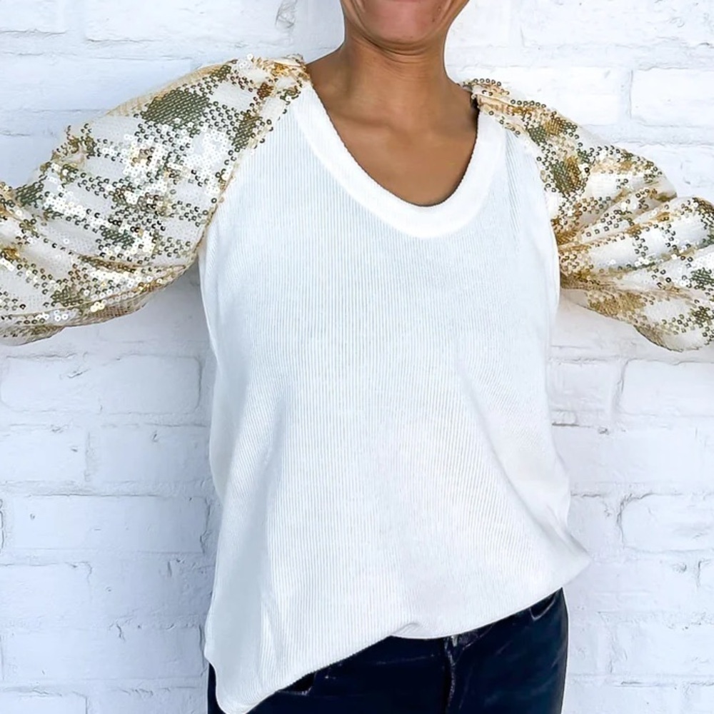 THML Pure Love Cream Top Shirt Sequin Puff Sleeve Gold